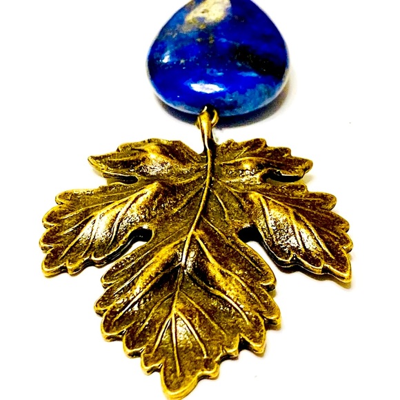 Bohemian LAPIS LAZULI Stone Earrings & Necklace w/ Sculpted Bronze Maple Leaf - Picture 11 of 14